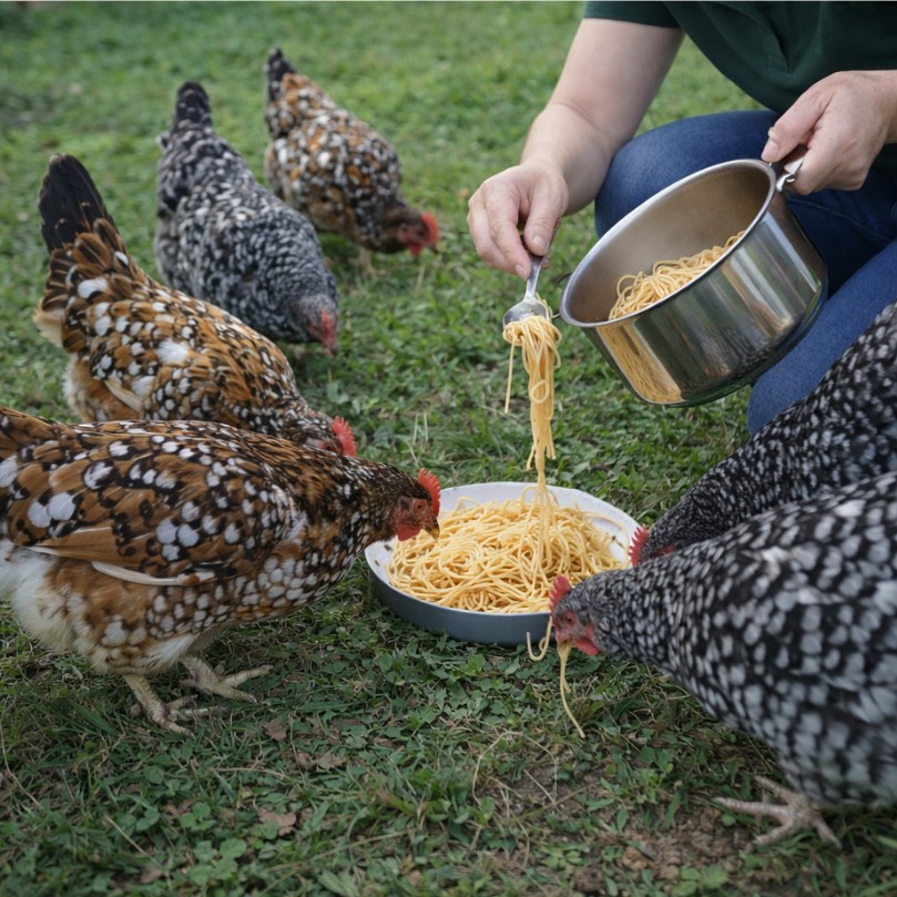 Hühner fressen Spaghetti aus einer Schüssel