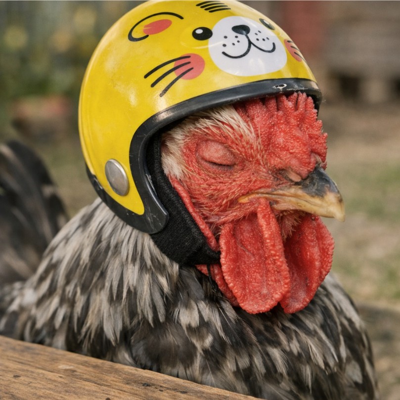 Huhn mit gelbem Spielzeughelm — sieht dramatisch aus, ist harmlos