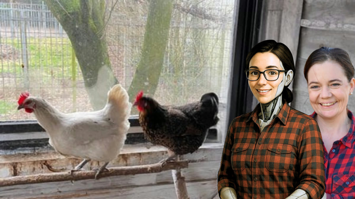 Gallina, die KI-Assistentin von beflügelt.vet, neben Dr. Eva-Maria Casteel im Hühnerstall